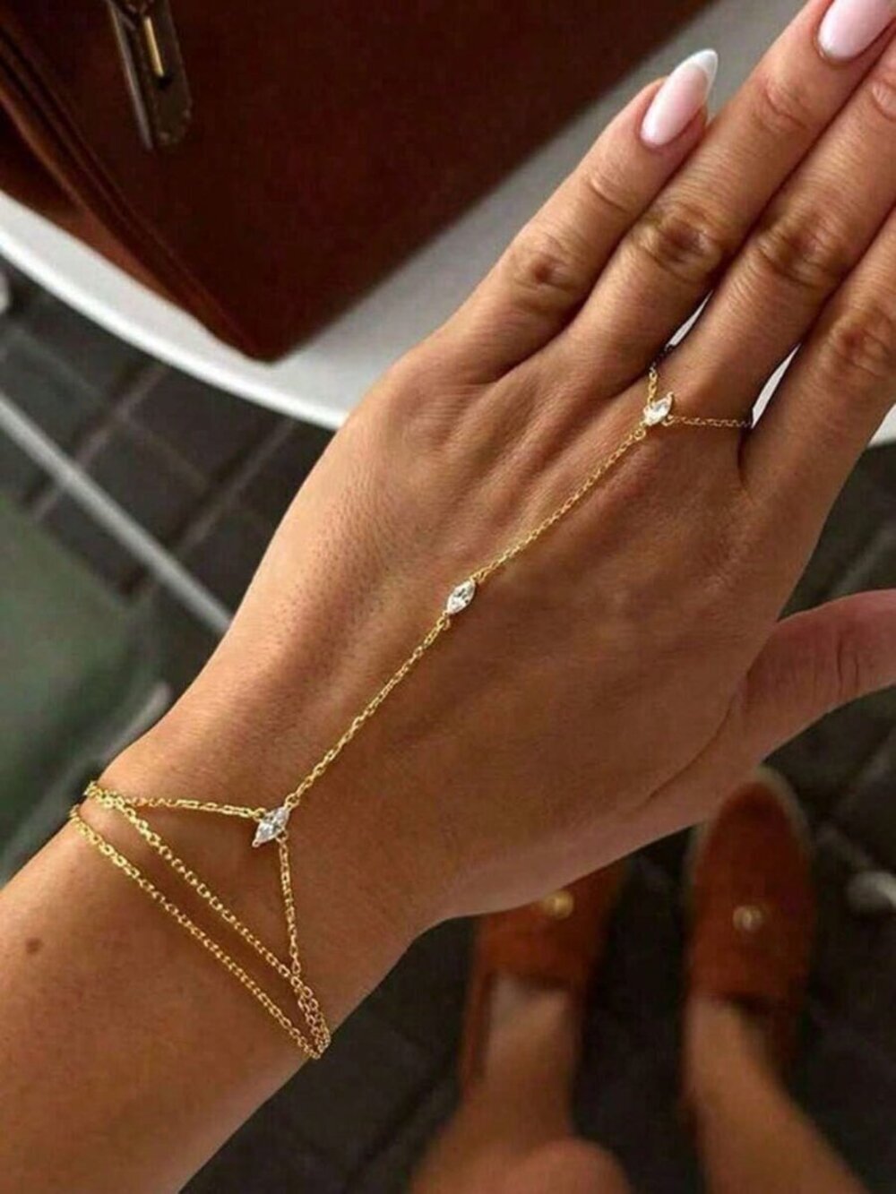 Gold Women's Luxury Gold Tone Zirconia Multi-Layer Finger Hand Chain Bracelet